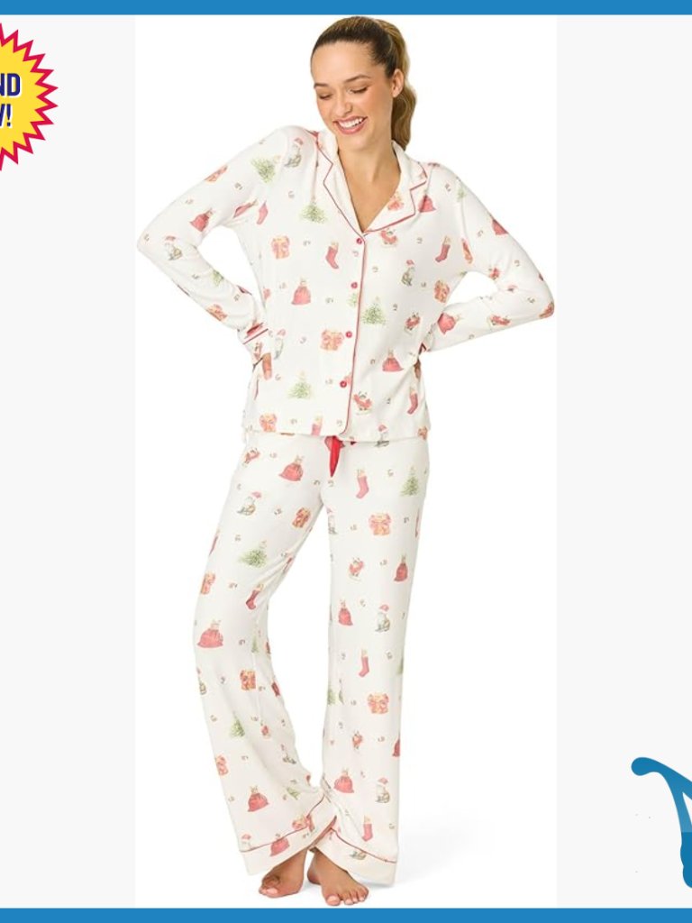 Long Sleeve Pajama Set With Holiday Cat Print, Polyester Jersey, Size Xl